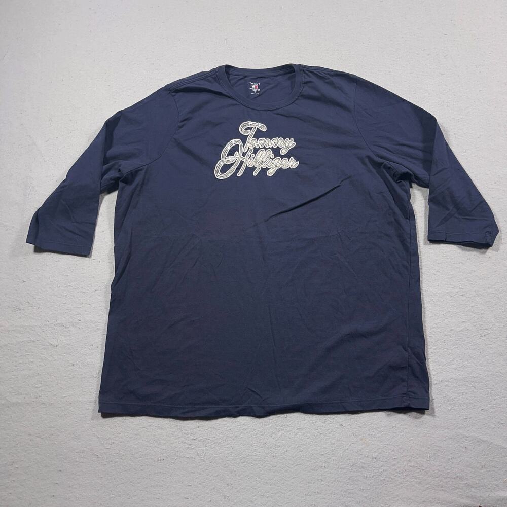Tommy Hilfiger Top Women 1X Navy Blue Pearl Beaded Logo 3/4 Sleeve Shirt - Picture 1 of 10